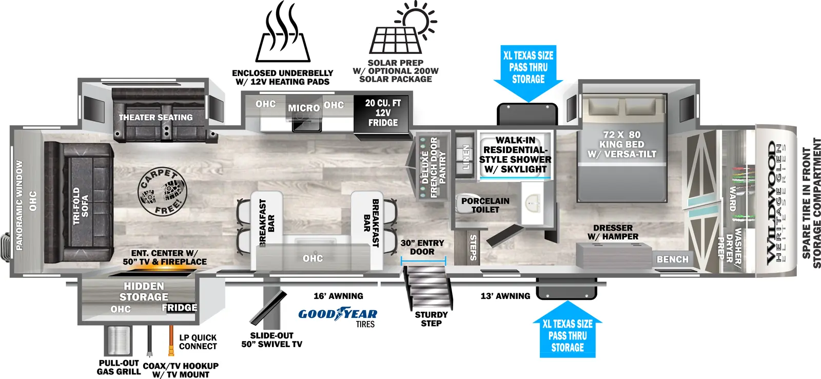 The Heritage Glen 35RE has 4 slideouts, 3 on the off-door side and 1 on the door side, and 1 entry door. Exterior features include: XL Texas size pass through storage, Solar prep w/ optional 200W solar package, enclosed underbelly w/ 12V heating pads, Pull-out grill, coax/TV hookup w/ RV mount, LP Quick connect, Slide-out 50" swivel TV, 2 awnings (16 ft. and 13 ft.), and sturdy step w/ strut assist. Interior layout from from front to back: front bedroom with 72 x 80 king bed in off-door side slide out, front wall wardrobe with washer/dryer prep, dresser with hamper across from foot of bed with bench next to the dresser; side aisle bathroom with walk-in residential shower w/ skylight, porcelain toilet and linen closet; 2 steps down into main level; 30 inch entry door; rear facing deluxe French door pantry; 2 breakfast bars and kitchen sink on the door side with overhead cabinet; off-door side slideout with overhead cabinets, overhead microwave, stovetop and 30 cu ft refrigerator; rear living area with off-door side slideout holding theater seating; door side slideout with entertainment center with 55 inch TV and fireplace; tri-fold sofa on rear wall with cabinets above.